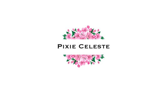 The words "pixie celeste" are surrounded by a pink flowery border